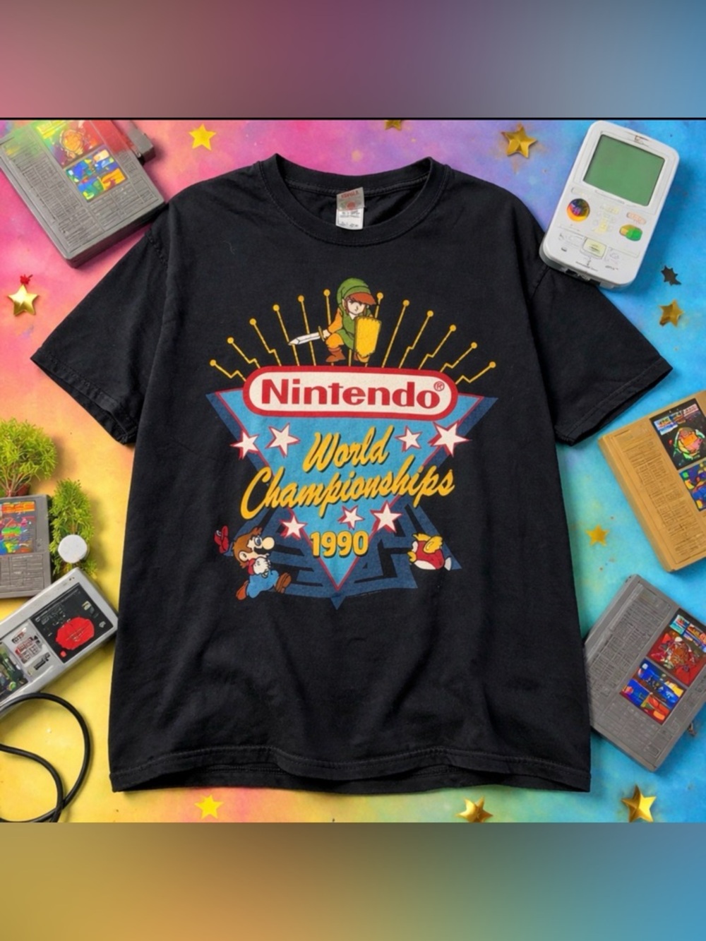 Nintendo size large vintage 1990 world championship black graphic heavy tee rare